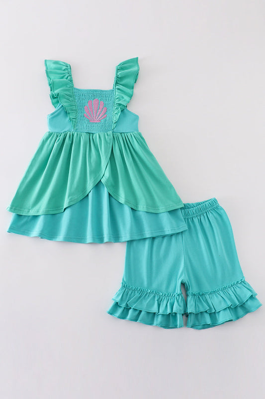 Girl's Boutique Green Ariel Mermaid Smocked 2 Piece Ruffle Set Sibling Matching