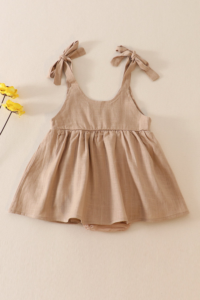 Petal & Pine Girl's Boutique Beige Floral Embroidered Linen Ruffle Strap Bubble Button Dress Matching Sibling