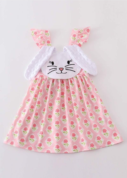 Girl's Boutique Pink Floral Easter Bunny Applique Girl Embroidered Embroidery Dress Romper Matching Sibling