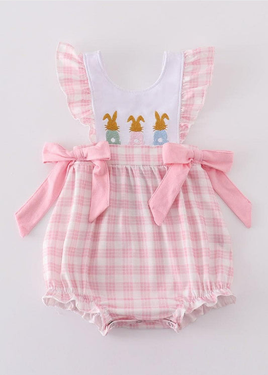 Girl's Boutique Pink Easter Bunny Bow Girl Embroidered Embroidery Bubble Romper Matching Sibling