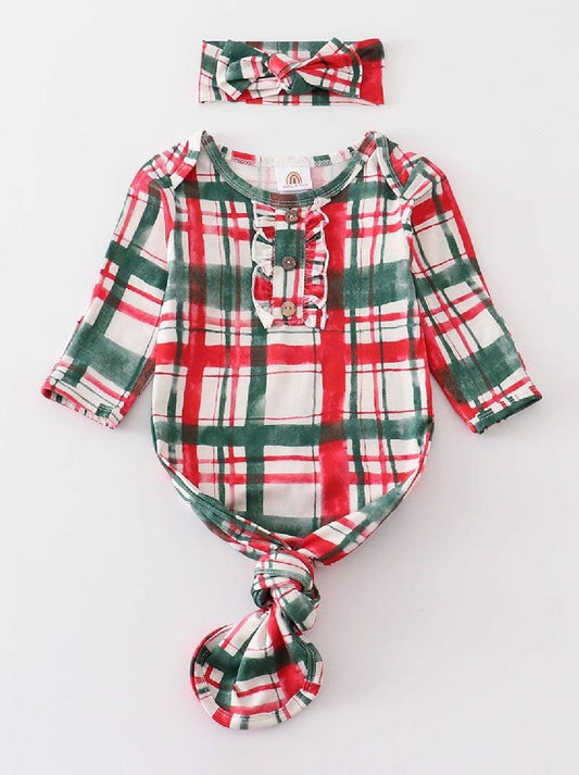 Girl's Boutique Red And Green Plaid Print Christmas Baby Knot One Piece Outfit And Matching Headband