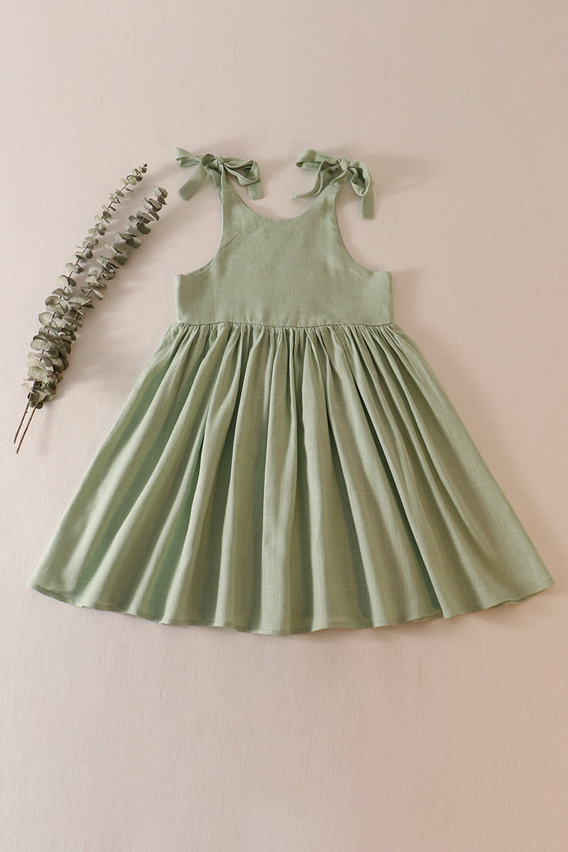 Petal & Pine Girl's Boutique Sage Green Floral Embroidered Linen Ruffle Dress Matching Sibling