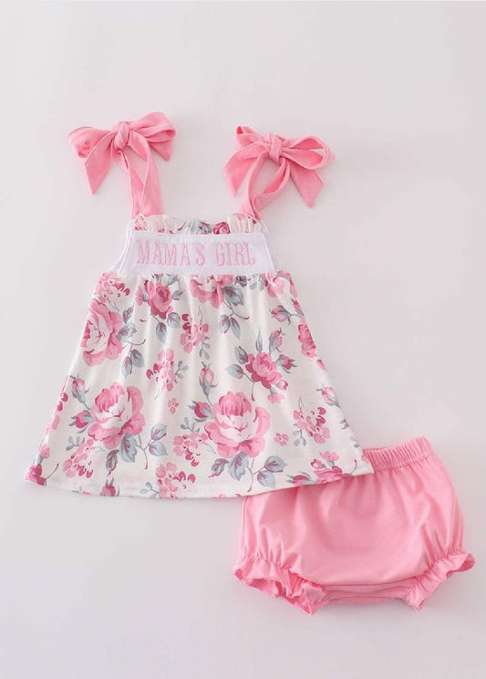 Girl's Boutique Pink Floral MAMA'S GIRL Embroidered Embroidery Bloomer Set Outfit Matching Sibling