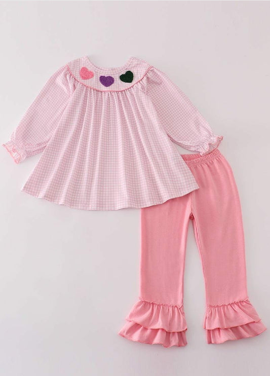 Girl's Boutique Pink Gingham Valentine Heart French Knot Embroidery Embroidered Pant Set Matching Sibling