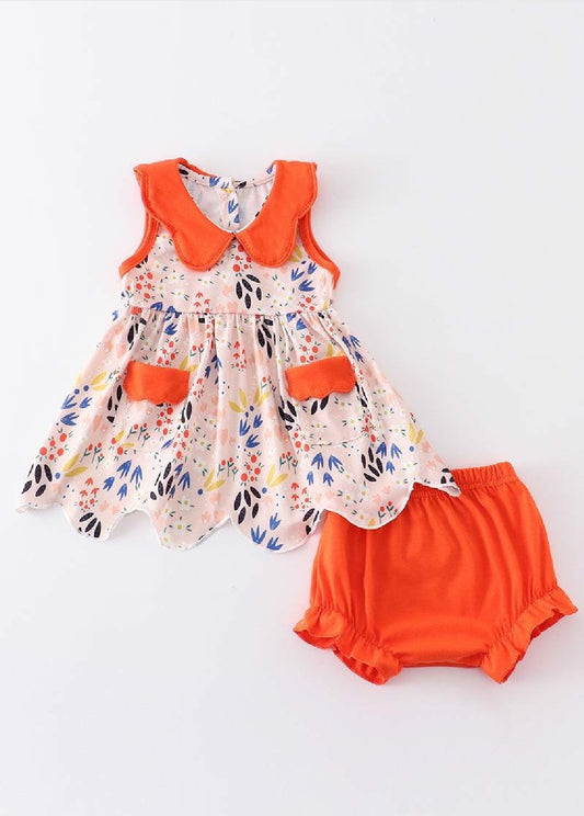 Girl's Boutique Orange floral print baby bloomers set Outfit Matching Sibling