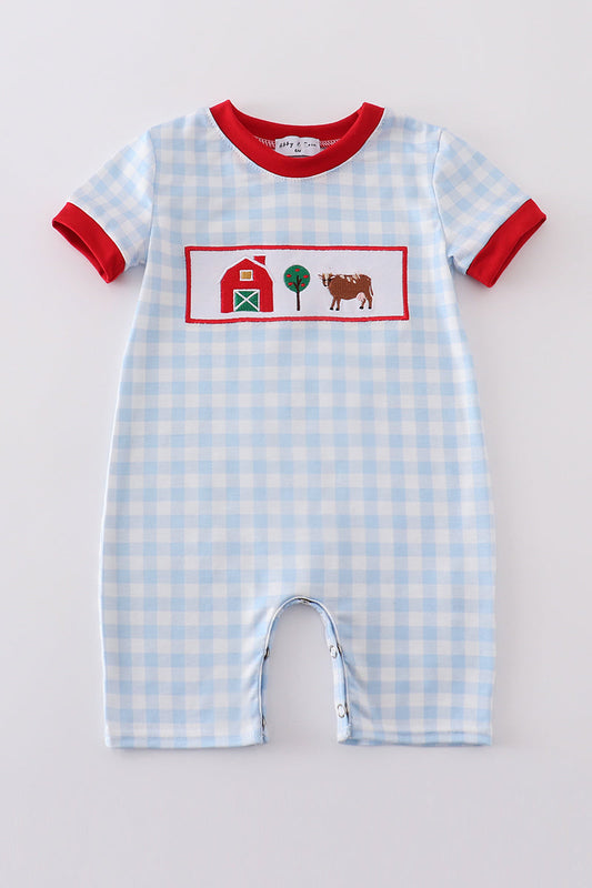 Boy's Boutique Blue Farm Farmer Cow Barn Embroidered Embroidery Romper Outfit Matching Sibling