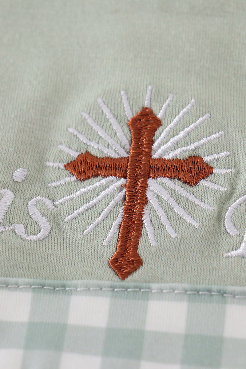 Boy's Sage Green Easter He Is Risen Applique Checkered Embroidered Romper Outfit Matching Sibling