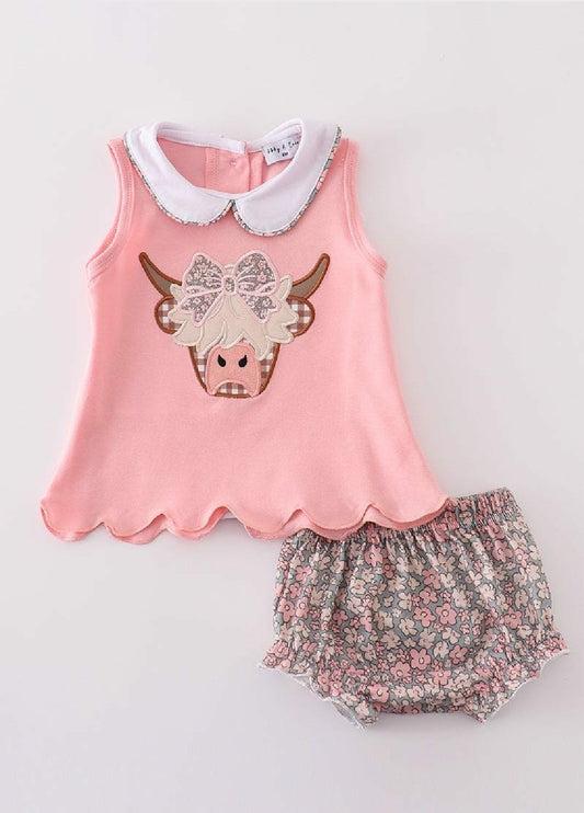 Girl's Boutique Pink Highland Cow Applique Embroidered Embroidery Bloomer Set Outfit Matching Sibling