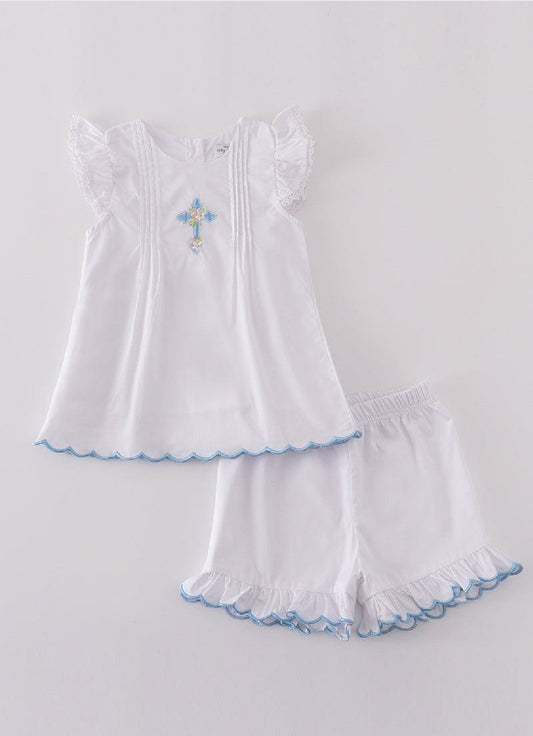 Girl's Boutique Premium White Blue Easter Cross Two Piece Short Set Outfit Sibling Matching Embroidered Embroidery