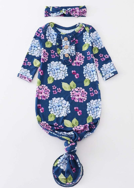 Girl's Boutique Navy Blue Floral Print Bamboo Baby Knot One Piece Outfit And Matching Headband