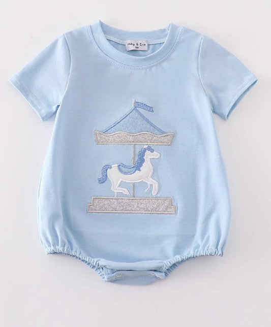 Boy's Boutique Blue Carousel Applique Boy Bubble Romper Sibling Matching Summer