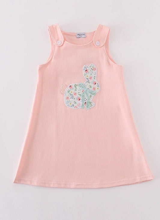 Girl's Boutique Pink Easter Bunny Floral Applique Embroidered Embroidery Dress Matching Sibling