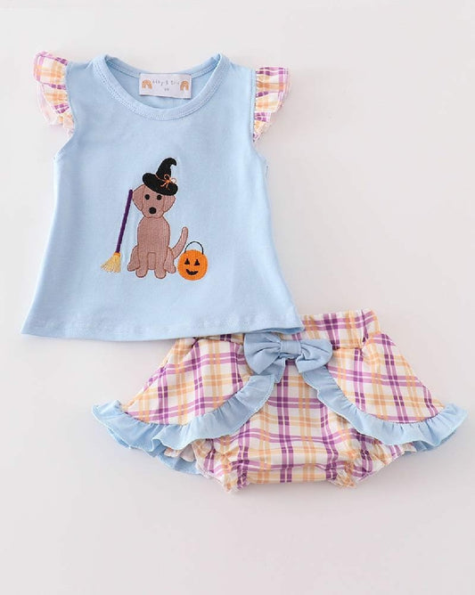 Girl's Boutique Blue Halloween Witch Dog Embroidered Embroidery Bloomer Girl Set Matching Sibling