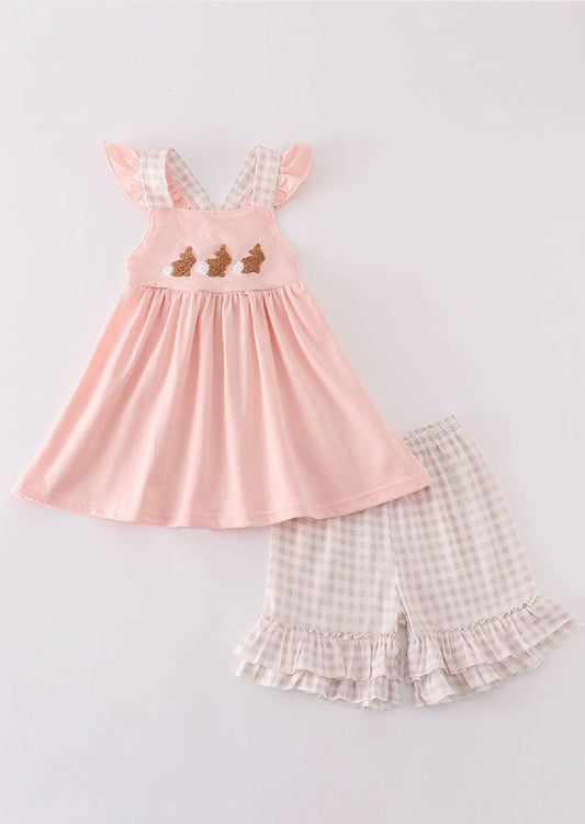Girl's Boutique Pink Easter Bunny French Knot Girl Embroidered Embroidery Two Piece Short Set Outfit Matching Sibling