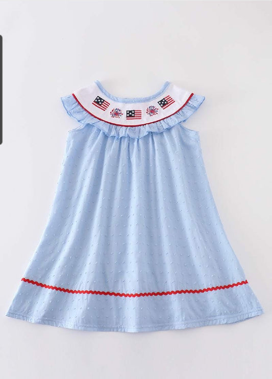 Girl's Boutique Patriotic Blue Swiss Dot Flag Dress Embroidery Embroidered 4th of July Sibling Matching