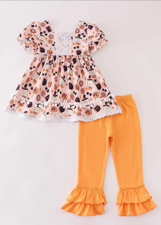 Girl's Boutique Cotton Happy Halloween Orange Ghost Girl Ruffle Pants Set Sibling Matching