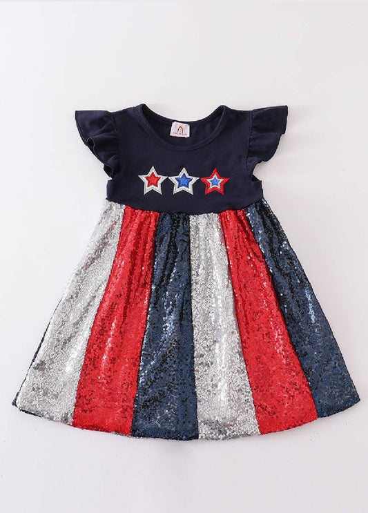 Girl's Boutique Navy Patriotic Star Sequin Summer Dress 4th Of July Matching Sibling
