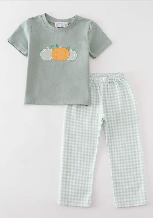 Boy's Boutique Sage Green Pumpkin Plaid Embroidered Embroidery Pants Set Matching Sibling Fall Thanksgiving