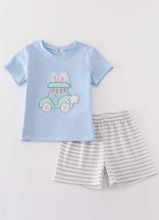 Boy's Boutique Blue Easter Bunny Golf Cart Applique 2 Piece Outfit Set Matching Sibling