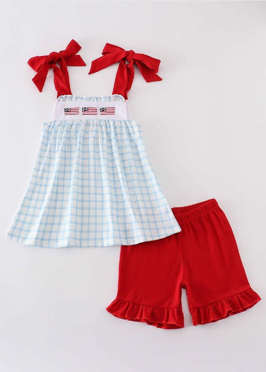 Girl's Boutique Patriotic Checkered Flag Red And Blue 2 Piece Set Embroidery Embroidered 4th of July Sibling Matching