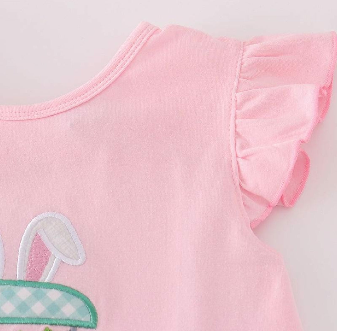 Girl's Boutique Pink Easter Bunny Golf Cart Applique 2 Piece Outfit Set Matching Sibling