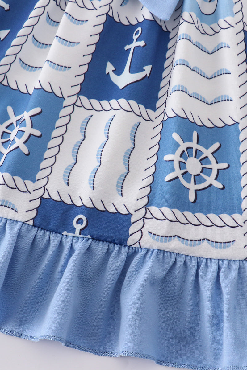 Girl's Blue Sailboat Checkered Bow Dress Sibling Matching Summer Cruise Trip