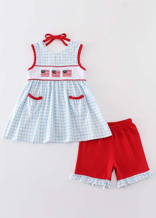 Girl's Boutique Patriotic Checkered Flag Red And Blue 2 Piece Short Set Embroidery Embroidered 4th of July Sibling Matching