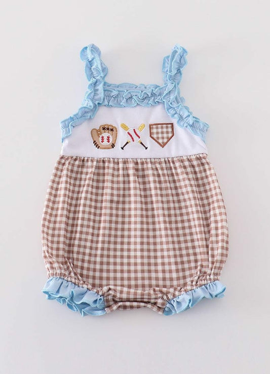 Girl's Boutique Blue Baseball Checkered Embroidered Embroidery Romper Outfit Matching Sibling