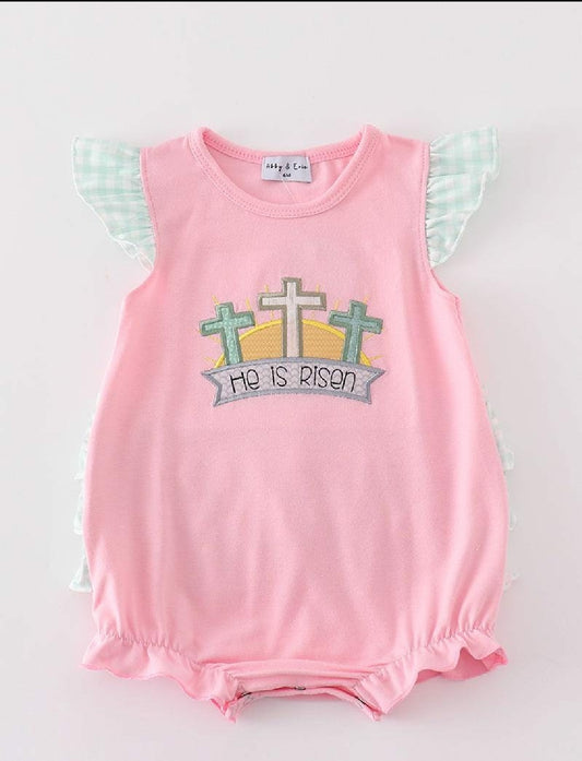 Girl's Boutique Easter Pink He Is Risen Applique Embroidered Embroidery Bubble Romper Matching Sibling
