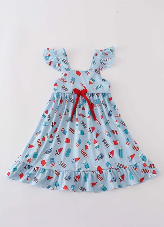Girl's Boutique Cotton Blue Popsicles Print Embroidered Summer Ruffle Dress Matching Sibling 4th of July Patriotic