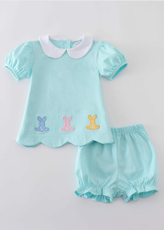 Girl's Boutique Premium Mint Easter Bunny Embroidered Bloomer Set Outfit Matching Sibling
