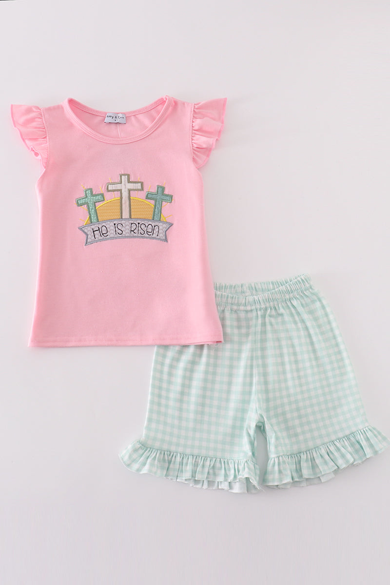 Girl's Boutique Easter Pink He Is Risen Applique Embroidered 2 Piece Short Set Outfit Matching Sibling