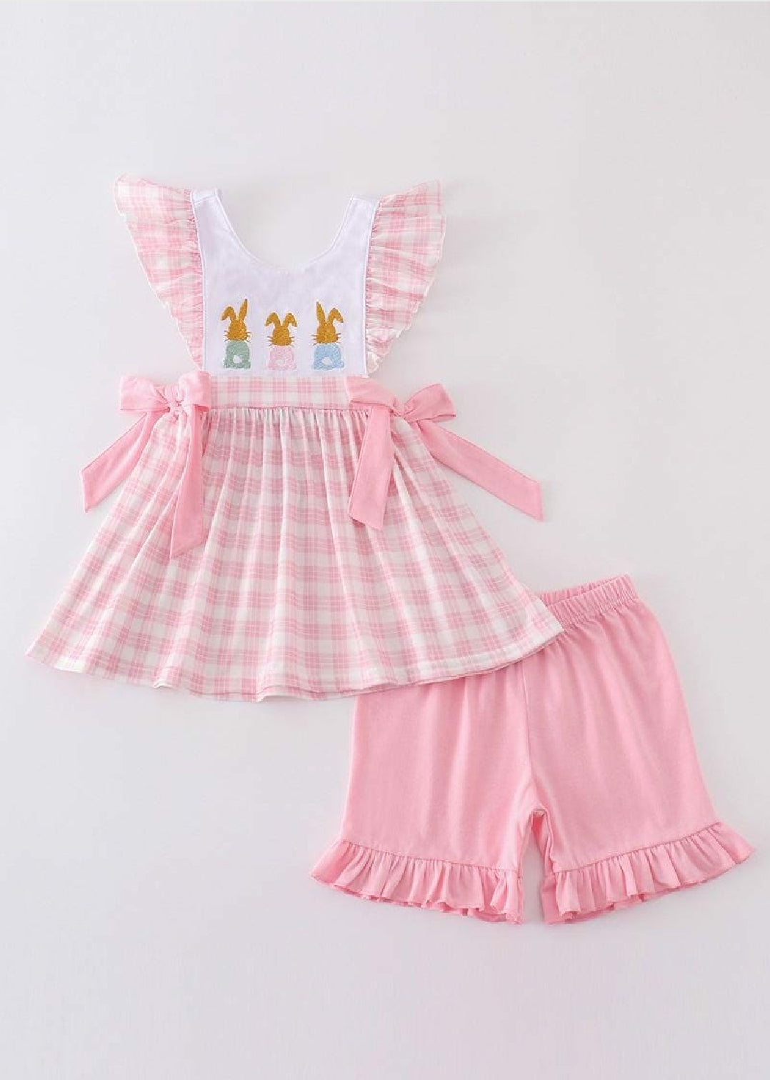 Girl's Boutique Pink Easter Bunny Bow Girl Embroidered Embroidery Short Set Matching Sibling