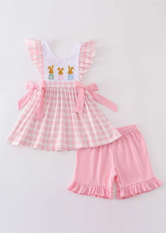 Girl's Boutique Pink Easter Bunny Bow Girl Embroidered Embroidery Short Set Matching Sibling