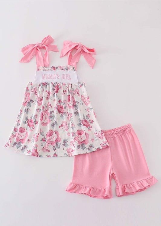 Girl's Boutique Pink Floral MAMA'S GIRL Embroidered Embroidery Ruffle Shorts Set Outfit Matching Sibling
