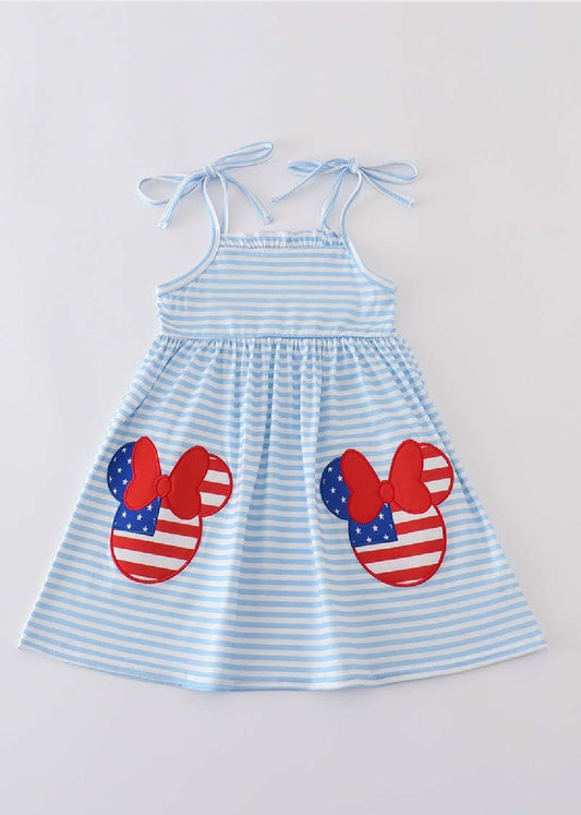 Girl's Boutique Patriotic Mouse Character Flag Red And Blue Dress 4th of July Sibling Matching