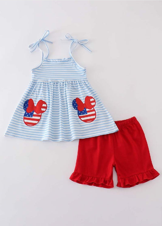 Girl's Boutique Patriotic Mouse Character Flag Red And Blue 2 Piece Set 4th of July Sibling Matching