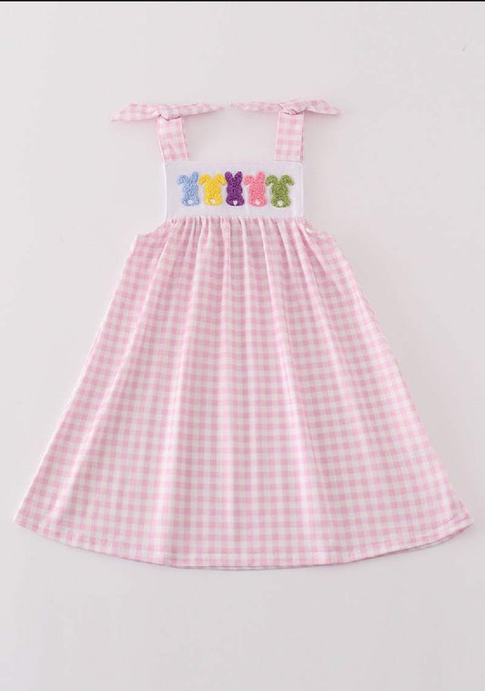 Girl's Boutique Easter Pink Bunny French Knot Dress Sibling Matching Embroidered Embroidery