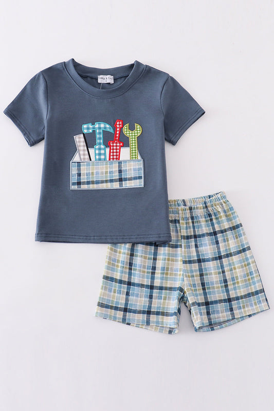 Boy's Boutique Blue Tool Box Applique Embroidered Embroidery 2 Piece Shorts Outfit Set Matching Sibling
