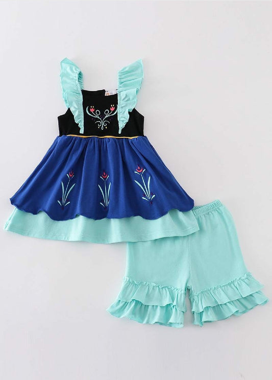 Girl's Boutique Green Navy Blue Aqua Floral Flower Two Piece Set Sibling Matching
