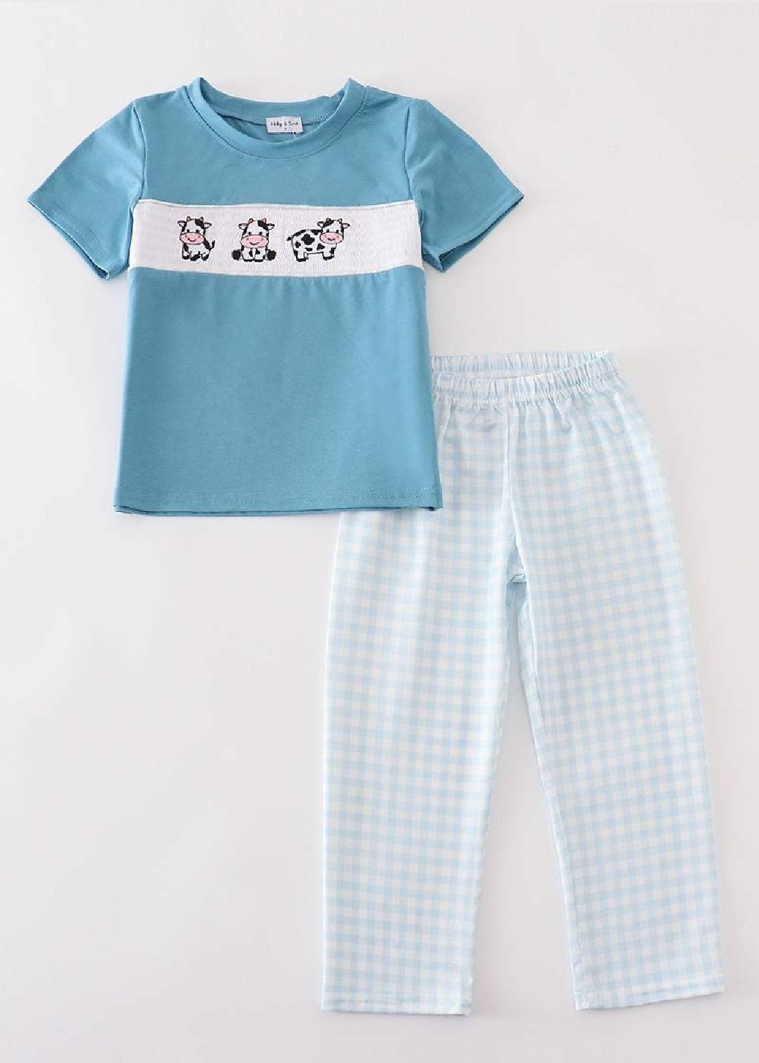 Boy's Boutique Blue Cow Farm Smocked Gingham Embroidered Embroidery Pant Set Matching Sibling