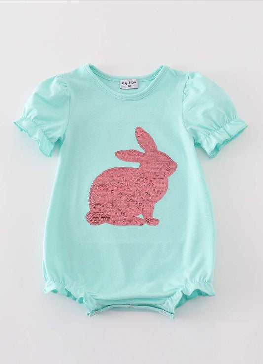 Girl's Boutique Mint Easter Sequin Pink Bunny Bubble Romper Matching Sibling