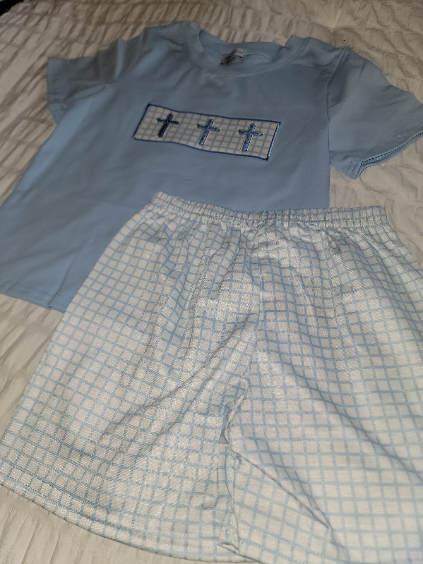 Boy's Boutique Blue Easter Cross Embroidered Gingham 2 Piece Outfit Set Matching Sibling