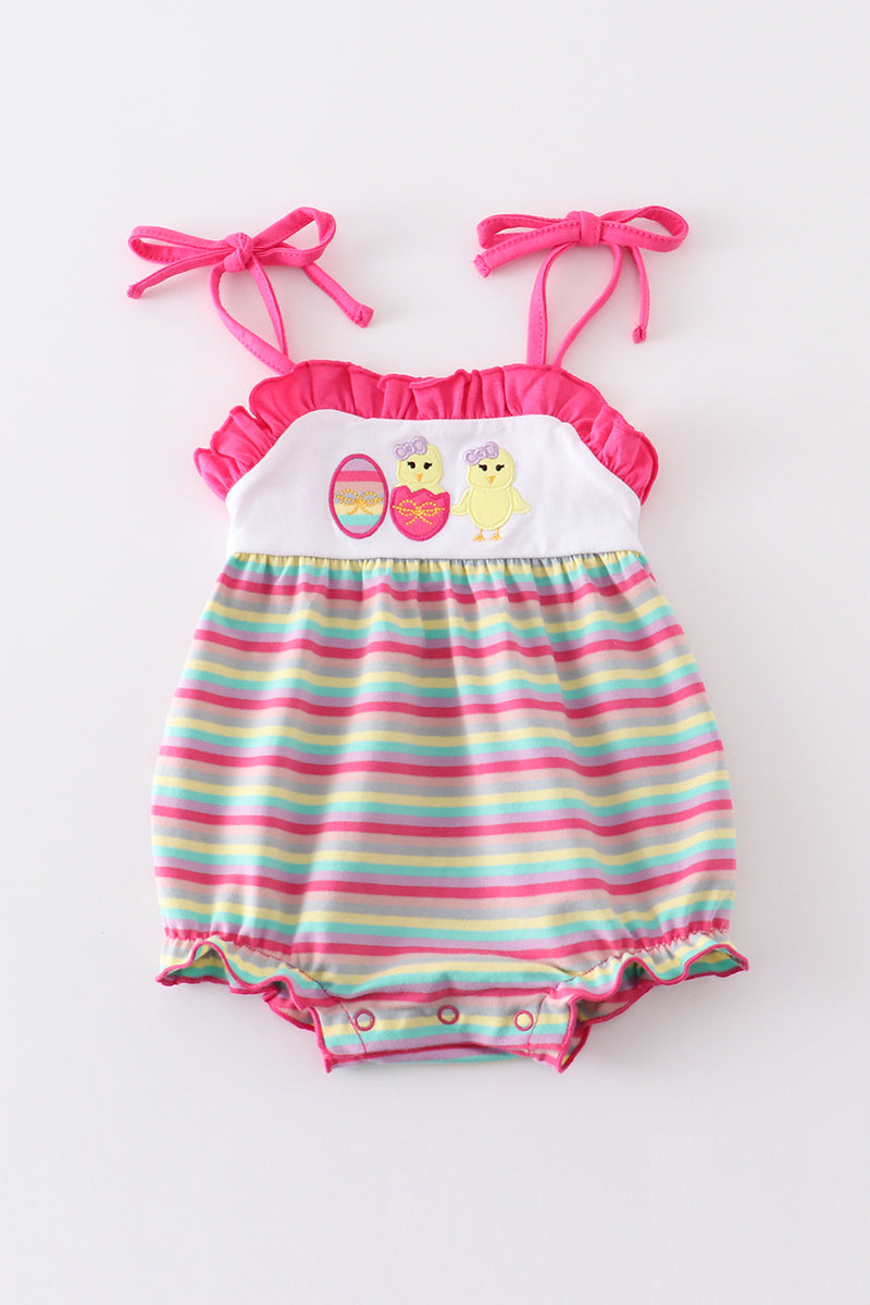 Premium Girl's Easter Egg Stripe Strap Bubble Romper Sibling Matching Embroidered Chick's Eggs