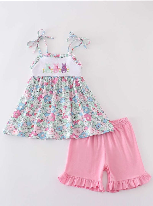 Girl's Boutique Easter Floral Bunny Two Piece Short Set Outfit Sibling Matching Embroidered Embroidery