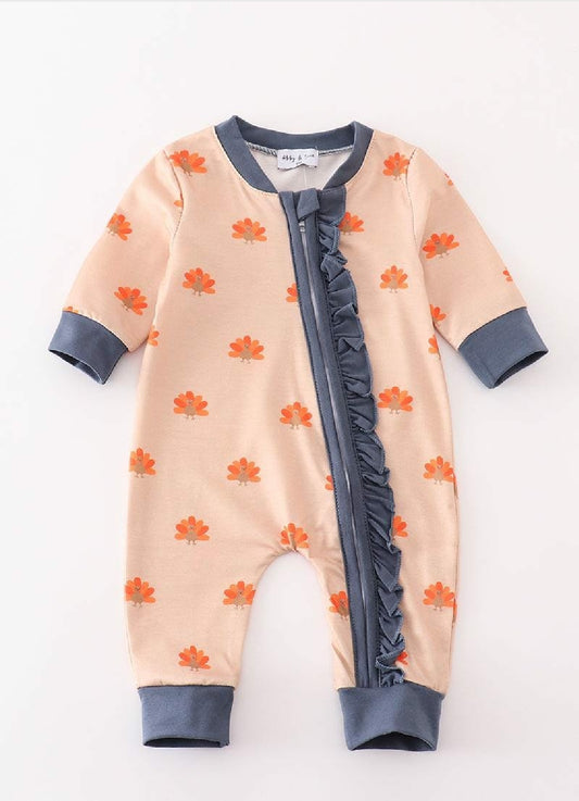 Girl's Boutique Khaki Turkey Print Zip Up Thanksgiving Fall Romper Outfit Matching Sibling