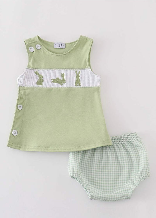 Boy's Boutique Green Easter Bunny Smocked Gingham 2 Piece Bloomer Outfit Set Matching Sibling