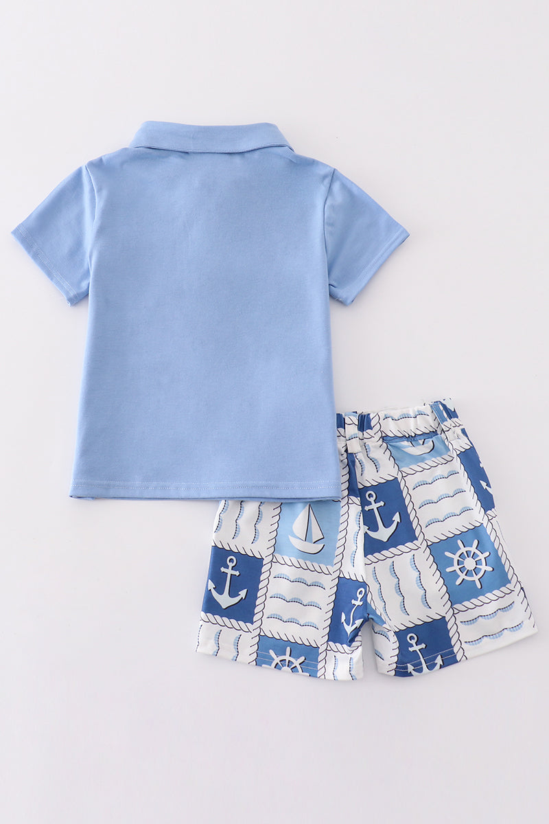 Abby & Evie Boy's Boutique Blue Sailboat Checkered Pocket Button Shirt Shorts 2 Piece Set Sibling Matching Summer Cruise Trip