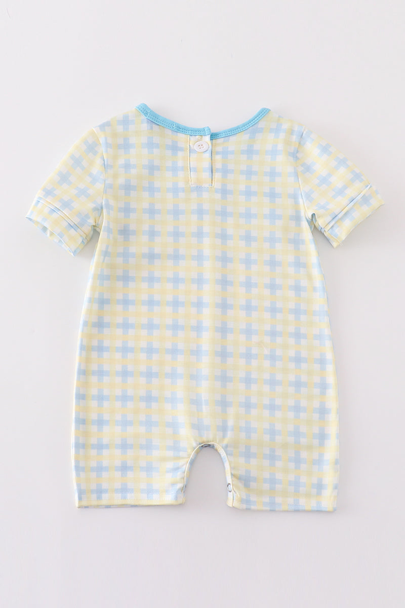 Boy's Boutique Blue & Yellow Easter He Is Risen Applique Checkered Embroidered Jon Jon Romper Outfit Matching Sibling