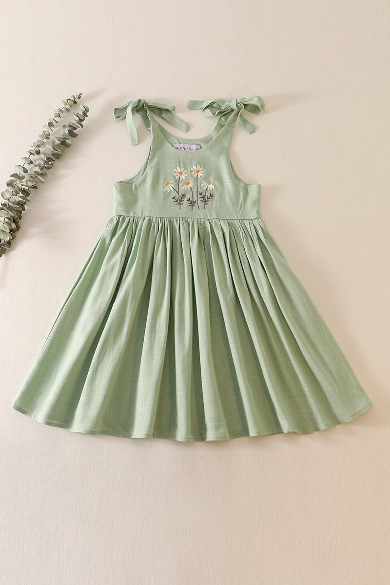 Petal & Pine Girl's Boutique Sage Green Floral Embroidered Linen Ruffle Dress Matching Sibling